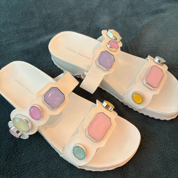 SOPHIA WEBSTER White Leather Pastel GEM Dad Sandals! Great gently used. 39 - Picture 3 of 10